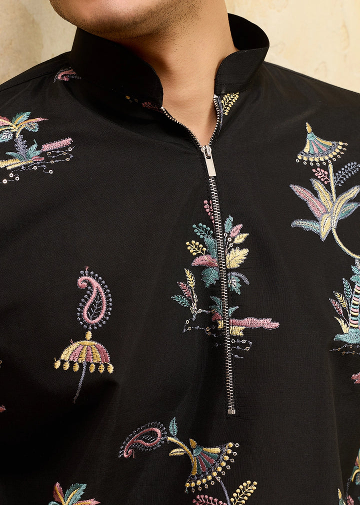 Onyx Black Viscose Silk Kurta with Multi-Thread Embroidery