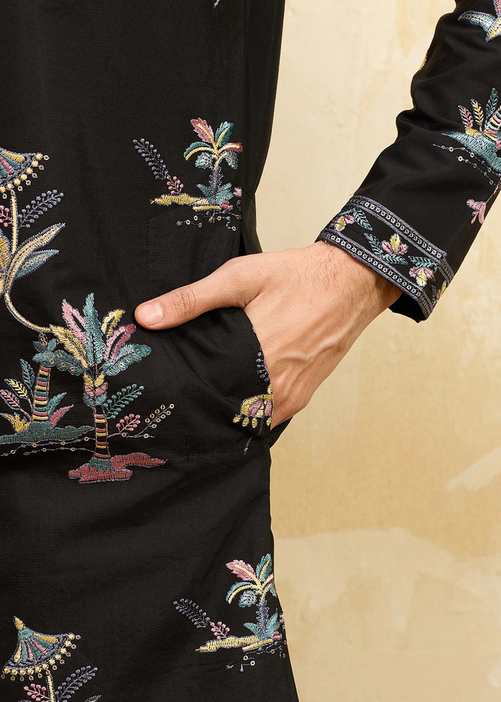 Onyx Black Viscose Silk Kurta with Multi-Thread Embroidery