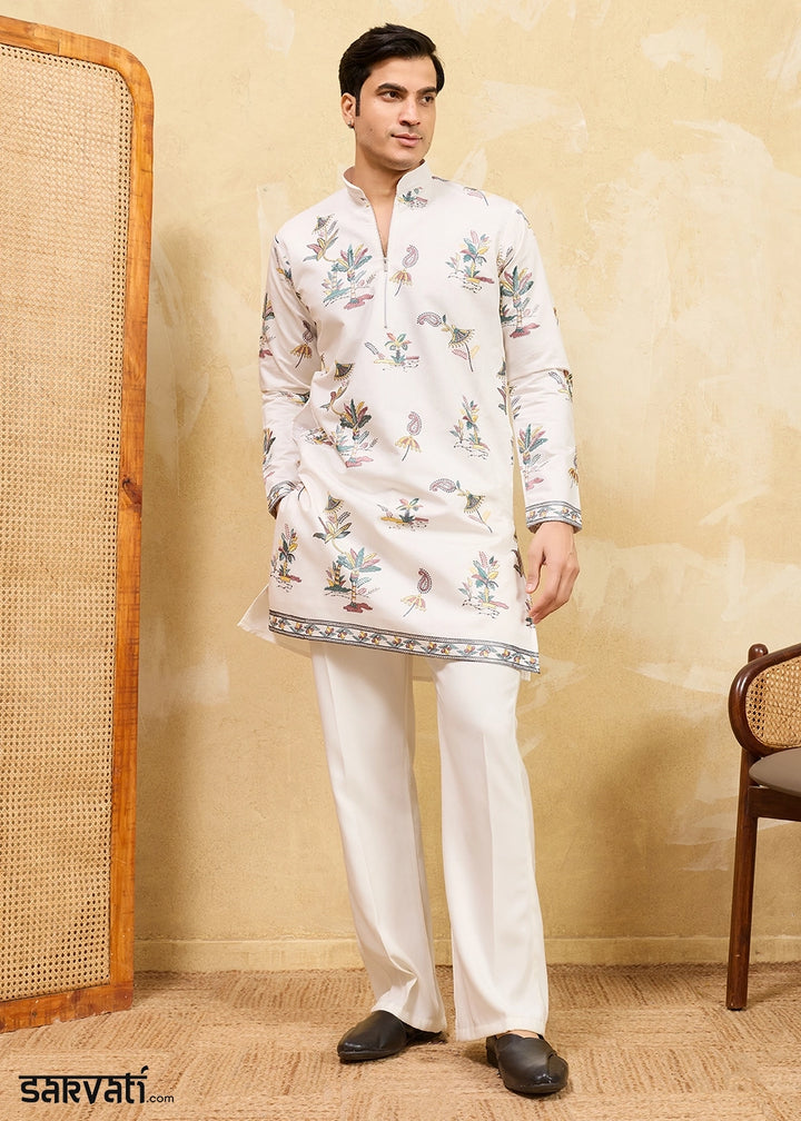 Rice White Viscose Silk Kurta with Multi-Thread Embroidery