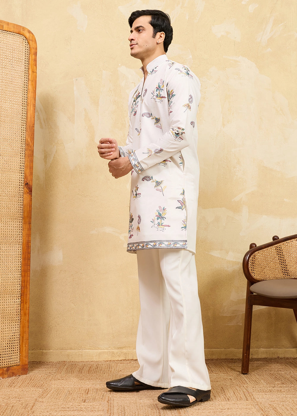 Rice White Viscose Silk Kurta with Multi-Thread Embroidery