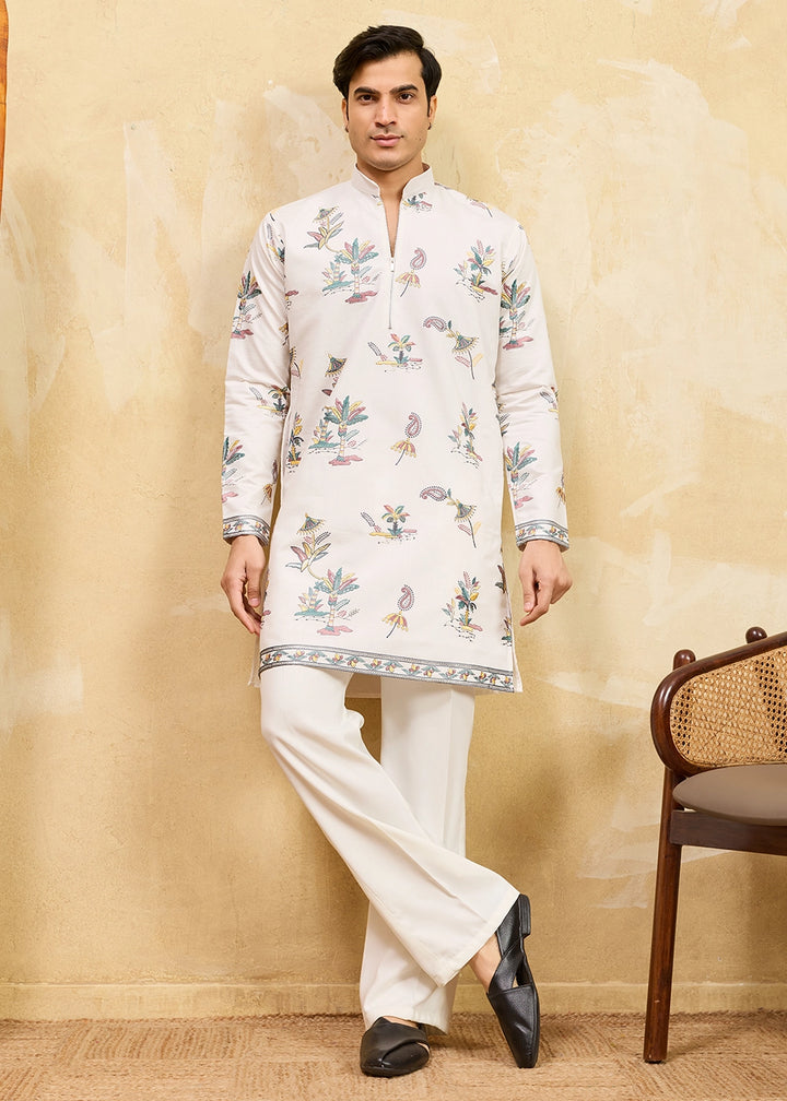 Rice White Viscose Silk Kurta with Multi-Thread Embroidery