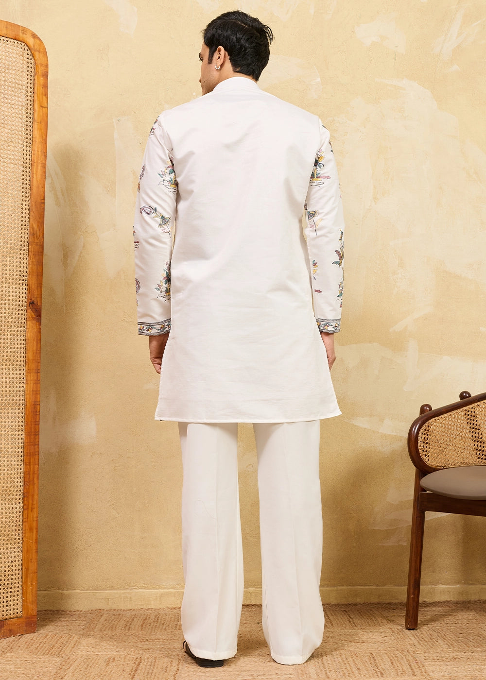 Rice White Viscose Silk Kurta with Multi-Thread Embroidery