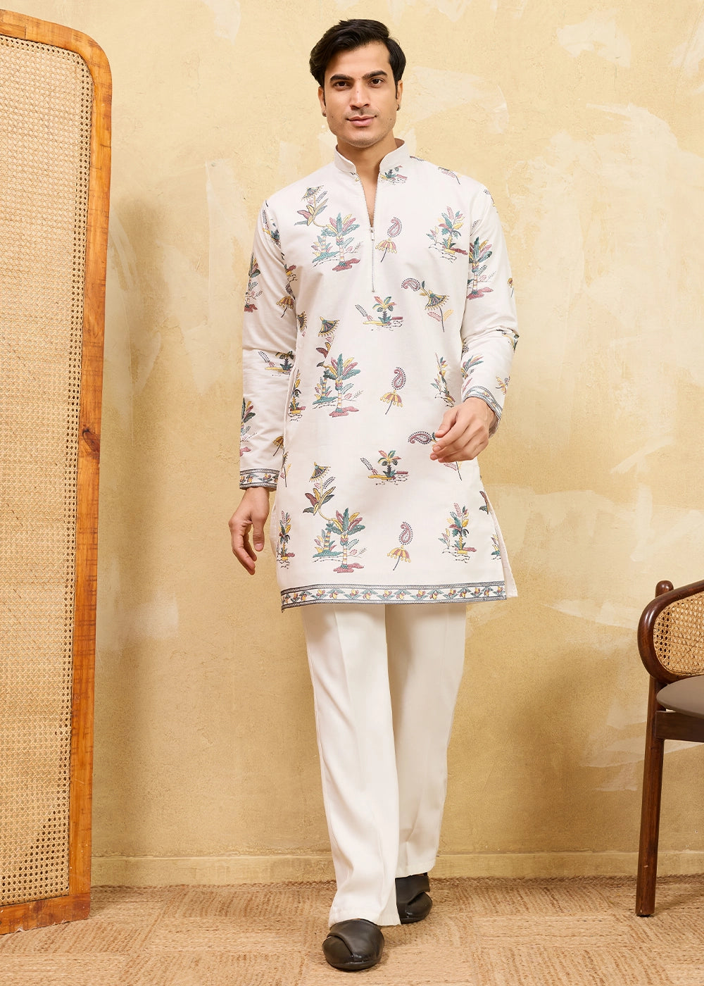 Rice White Viscose Silk Kurta with Multi-Thread Embroidery