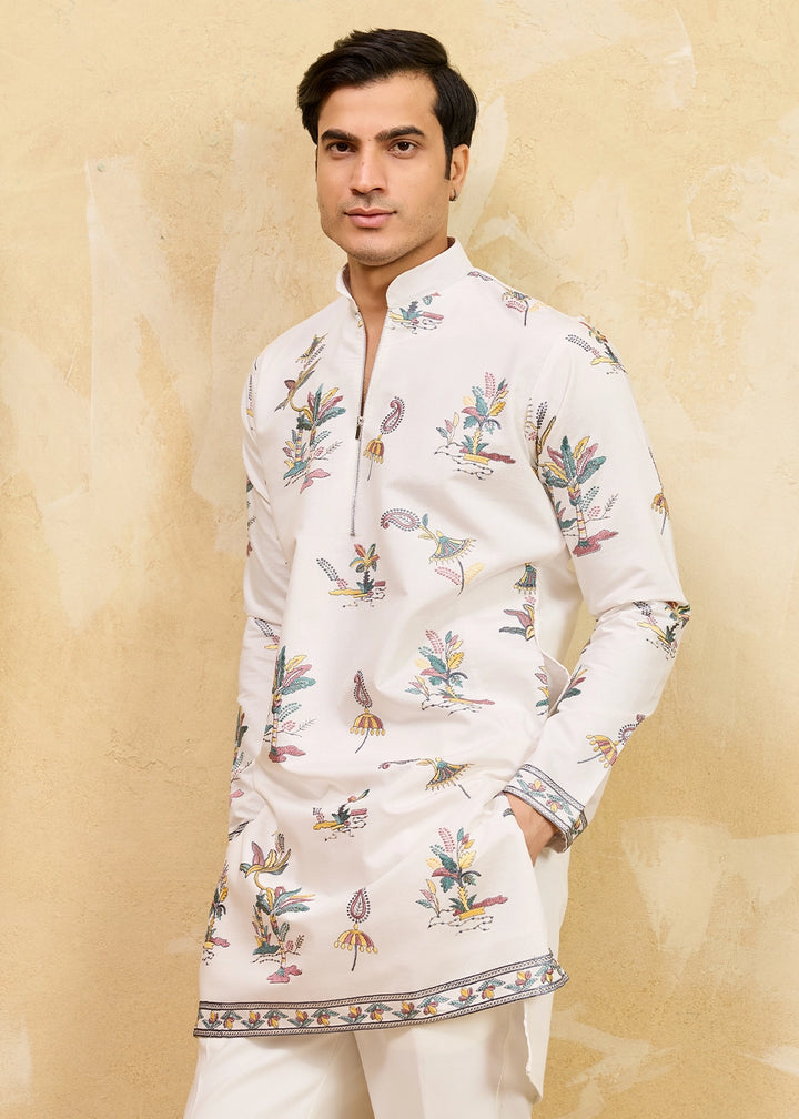 Rice White Viscose Silk Kurta with Multi-Thread Embroidery