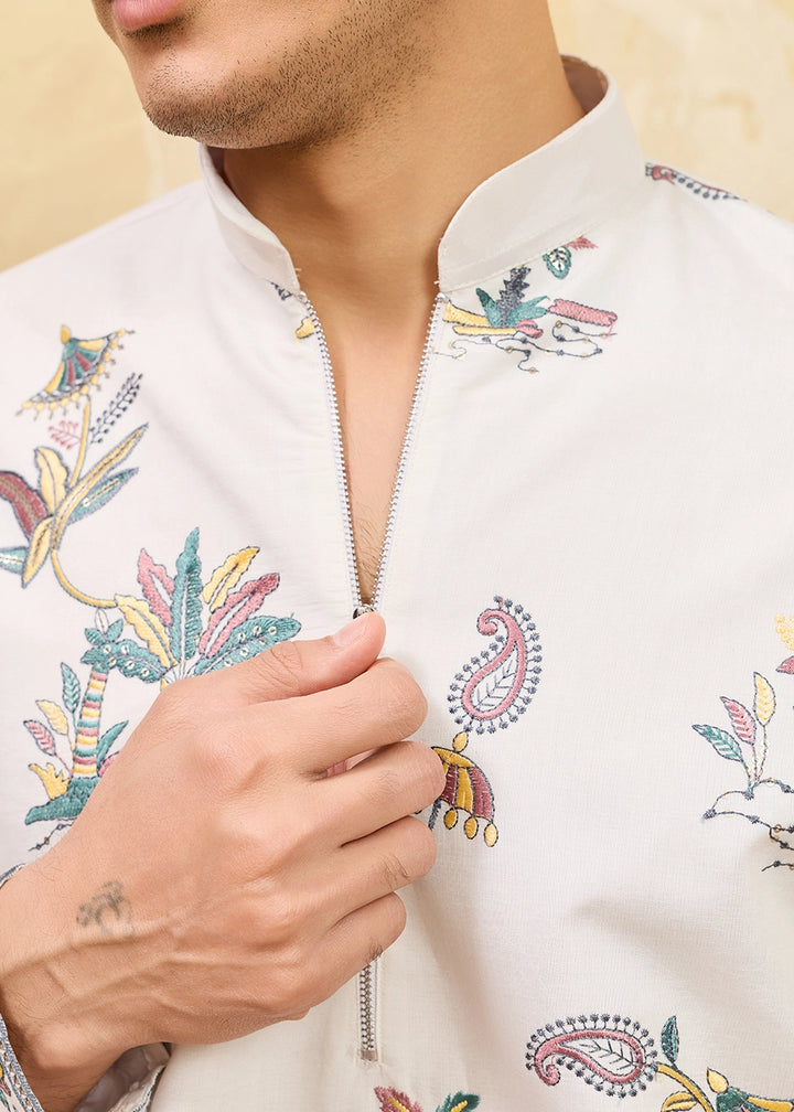 Rice White Viscose Silk Kurta with Multi-Thread Embroidery