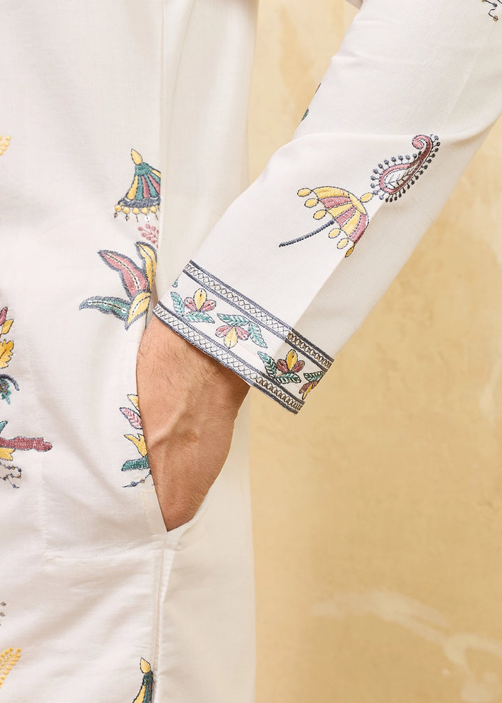 Rice White Viscose Silk Kurta with Multi-Thread Embroidery