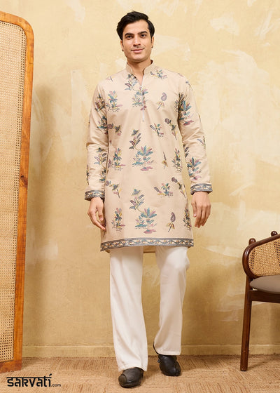 Beige Brown Viscose Silk Kurta with Multi-Thread Embroidery