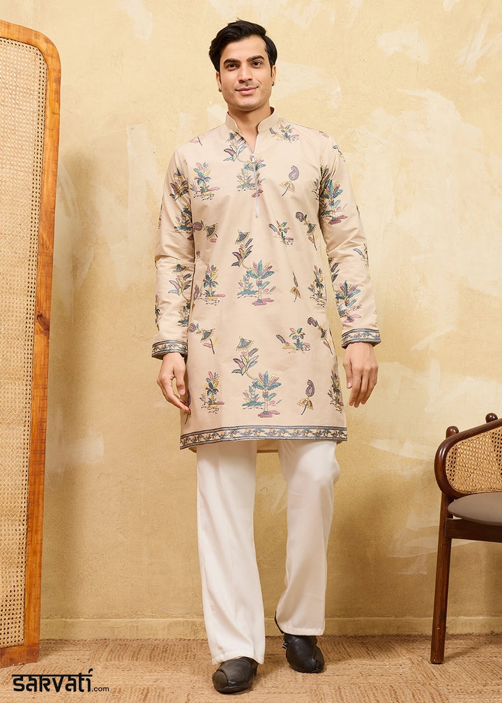 Beige Brown Viscose Silk Kurta with Multi-Thread Embroidery