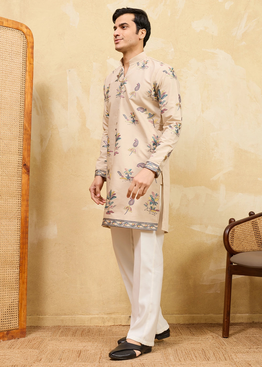 Beige Brown Viscose Silk Kurta with Multi-Thread Embroidery