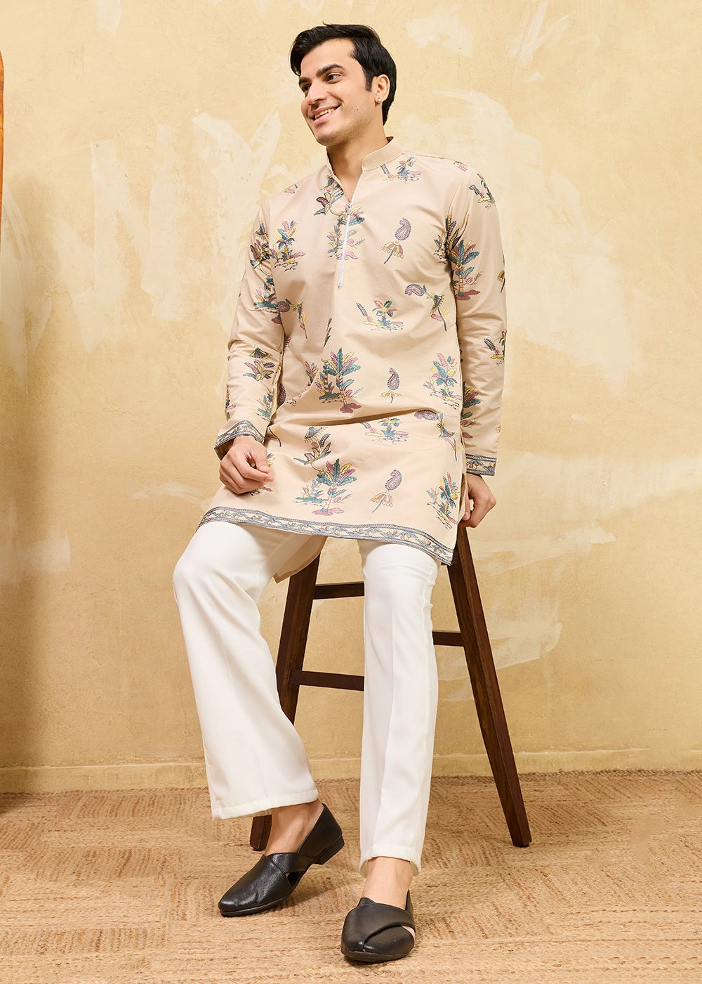 Beige Brown Viscose Silk Kurta with Multi-Thread Embroidery