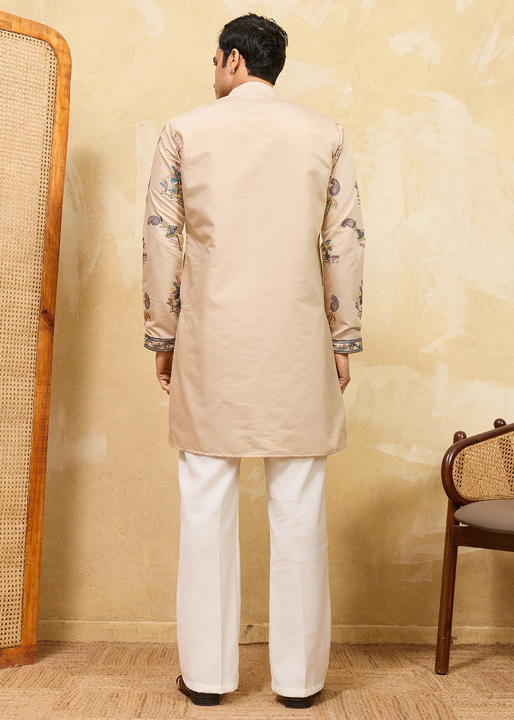 Beige Brown Viscose Silk Kurta with Multi-Thread Embroidery