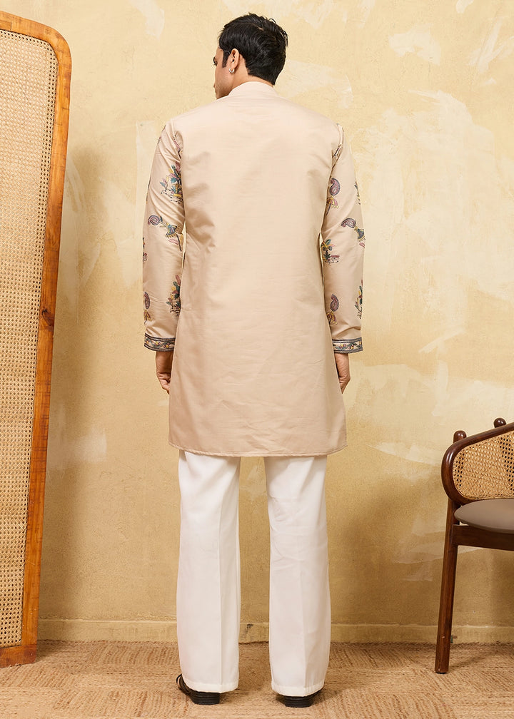 Beige Brown Viscose Silk Kurta with Multi-Thread Embroidery