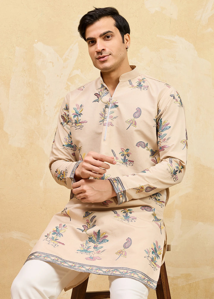 Beige Brown Viscose Silk Kurta with Multi-Thread Embroidery