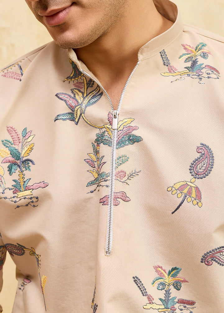 Beige Brown Viscose Silk Kurta with Multi-Thread Embroidery