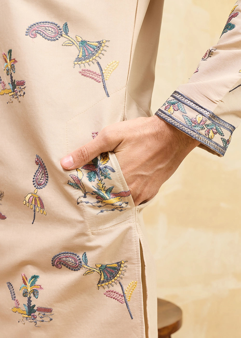 Beige Brown Viscose Silk Kurta with Multi-Thread Embroidery