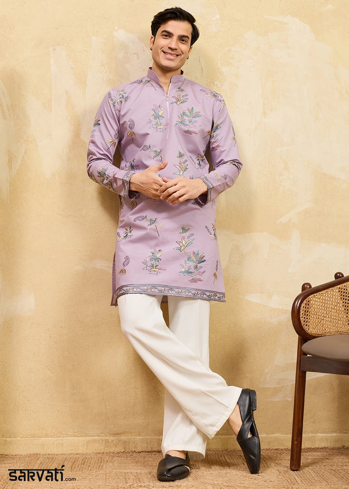Soft Purple Viscose Silk Kurta with Multi-Thread Embroidery