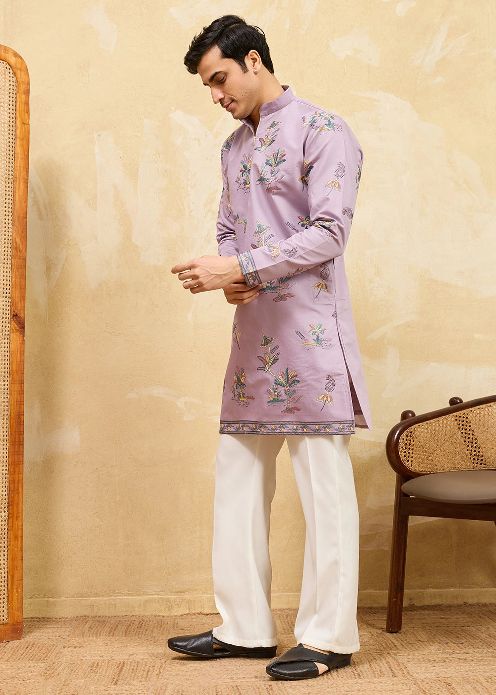 Soft Purple Viscose Silk Kurta with Multi-Thread Embroidery