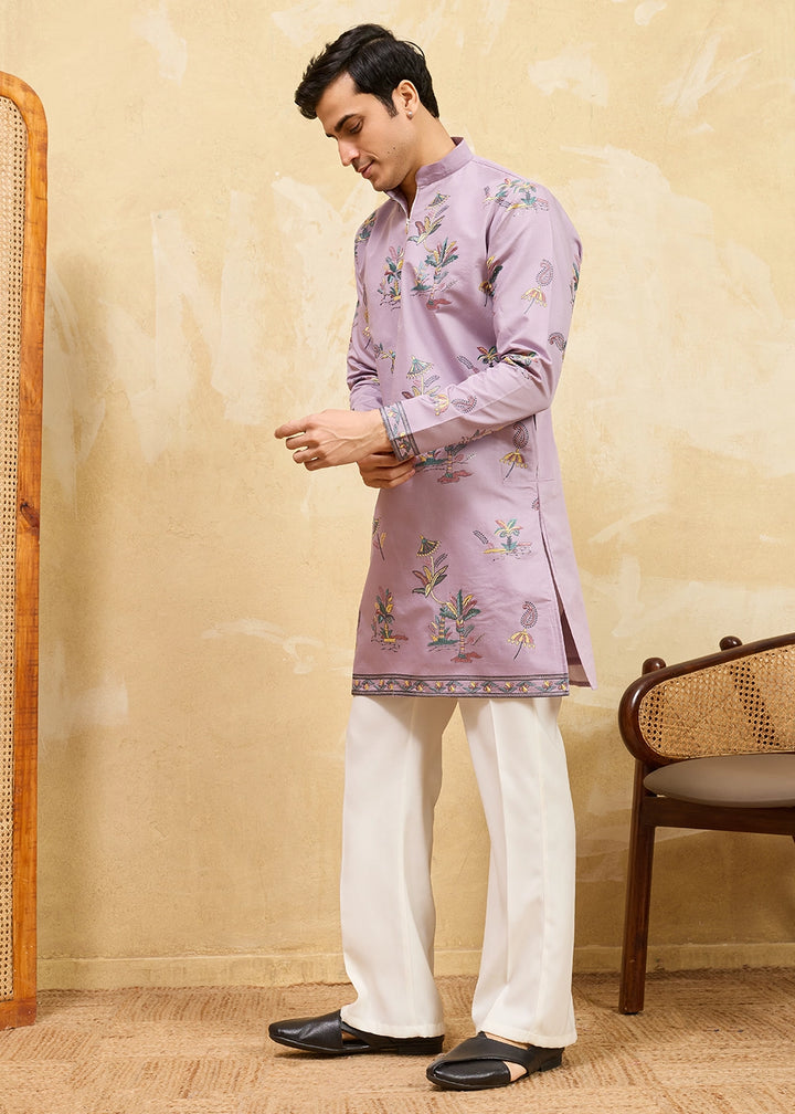 Soft Purple Viscose Silk Kurta with Multi-Thread Embroidery