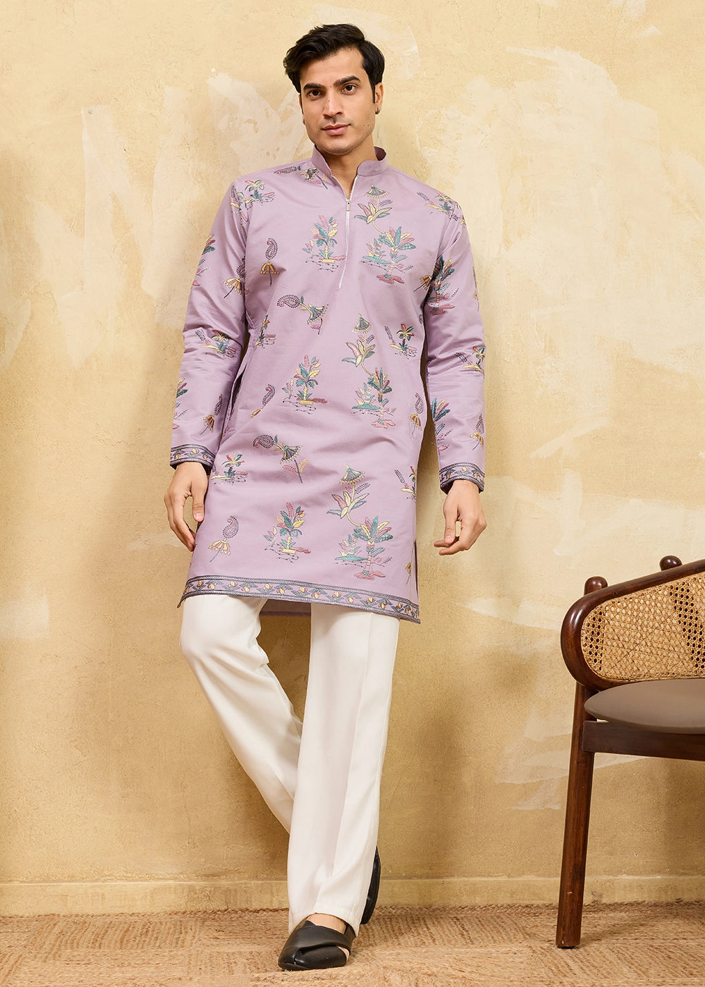 Soft Purple Viscose Silk Kurta with Multi-Thread Embroidery