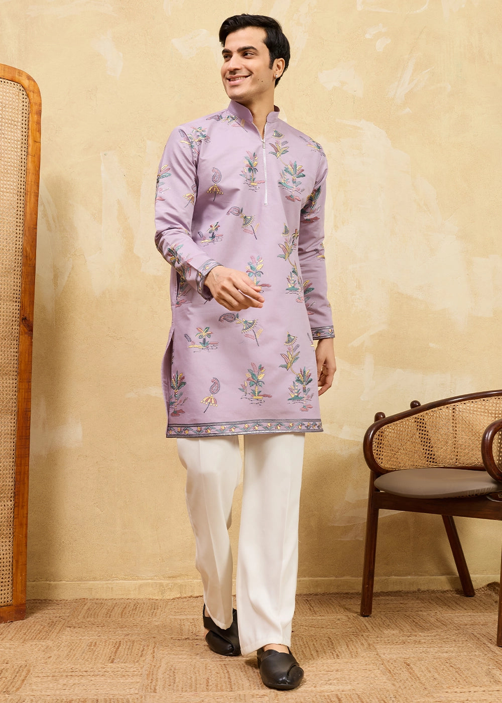 Soft Purple Viscose Silk Kurta with Multi-Thread Embroidery