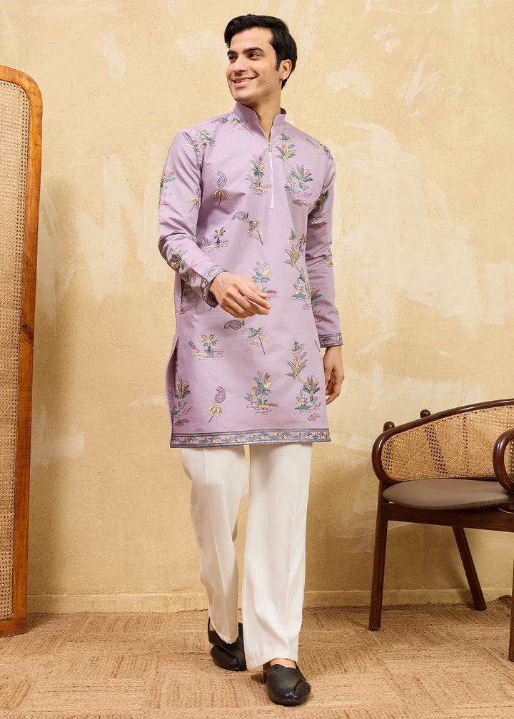 Soft Purple Viscose Silk Kurta with Multi-Thread Embroidery