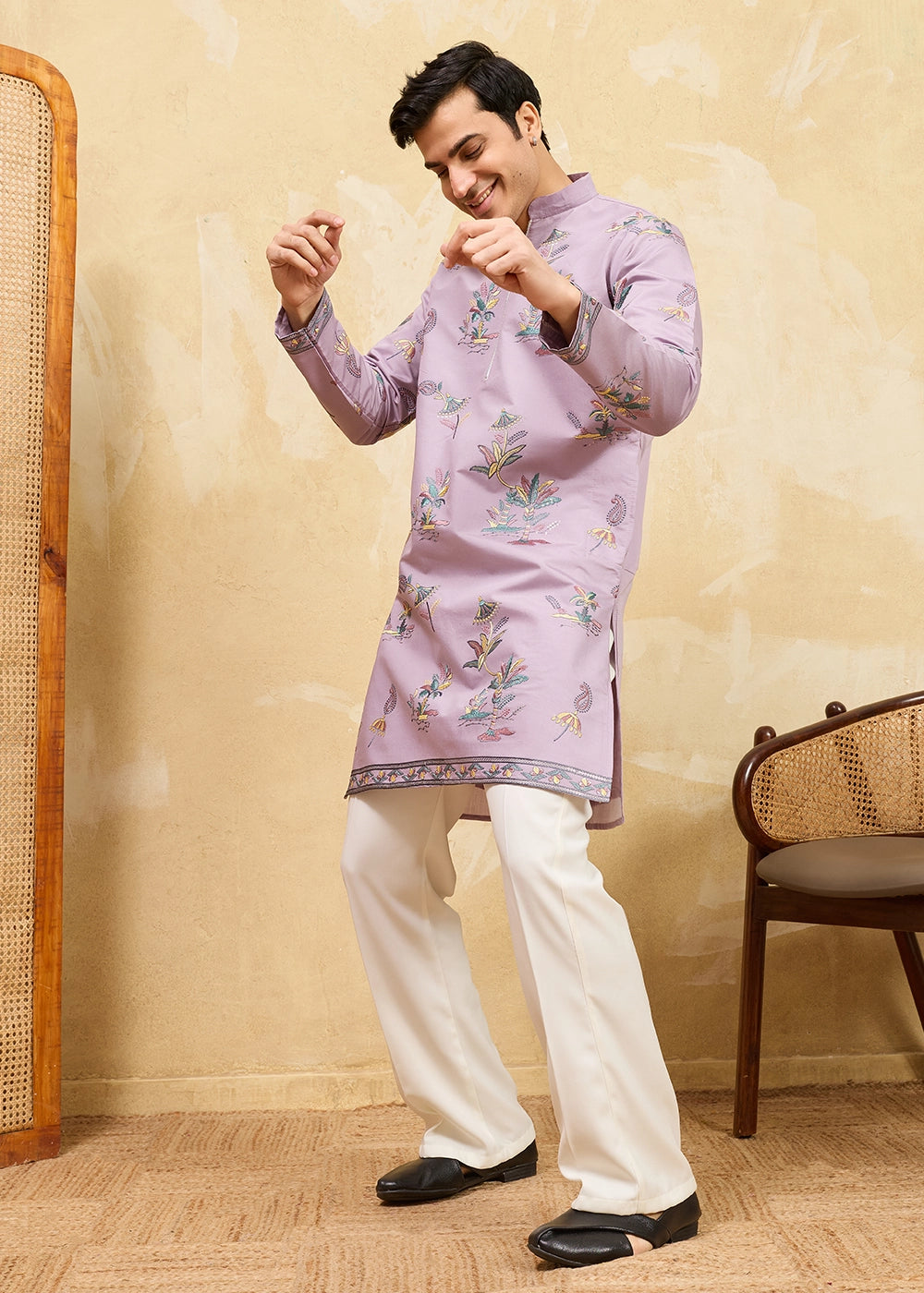 Soft Purple Viscose Silk Kurta with Multi-Thread Embroidery