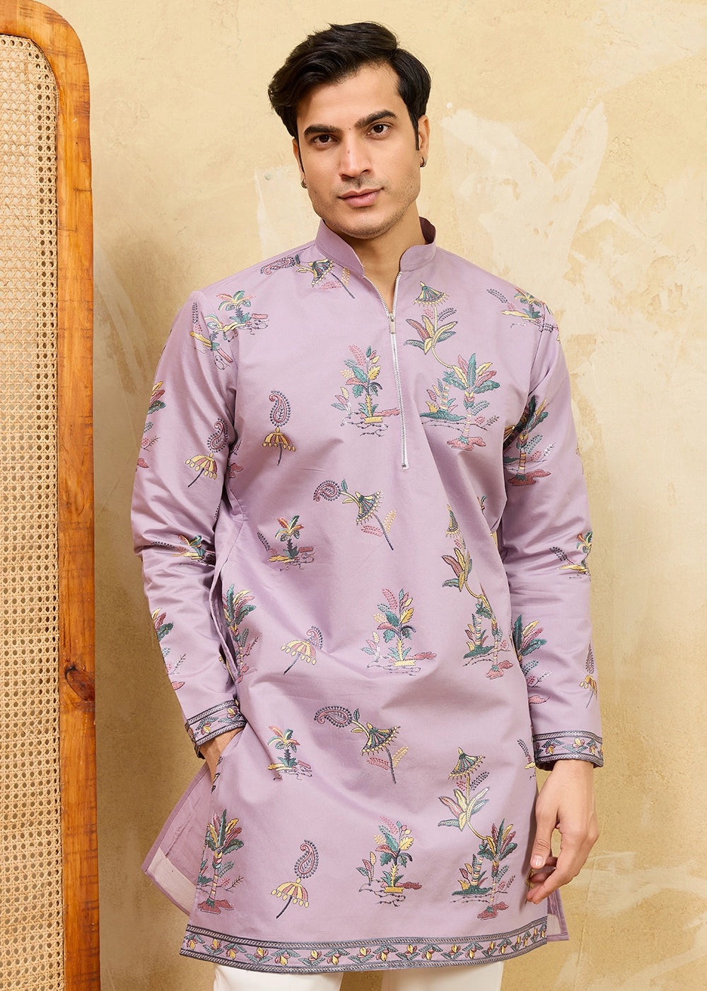 Soft Purple Viscose Silk Kurta with Multi-Thread Embroidery
