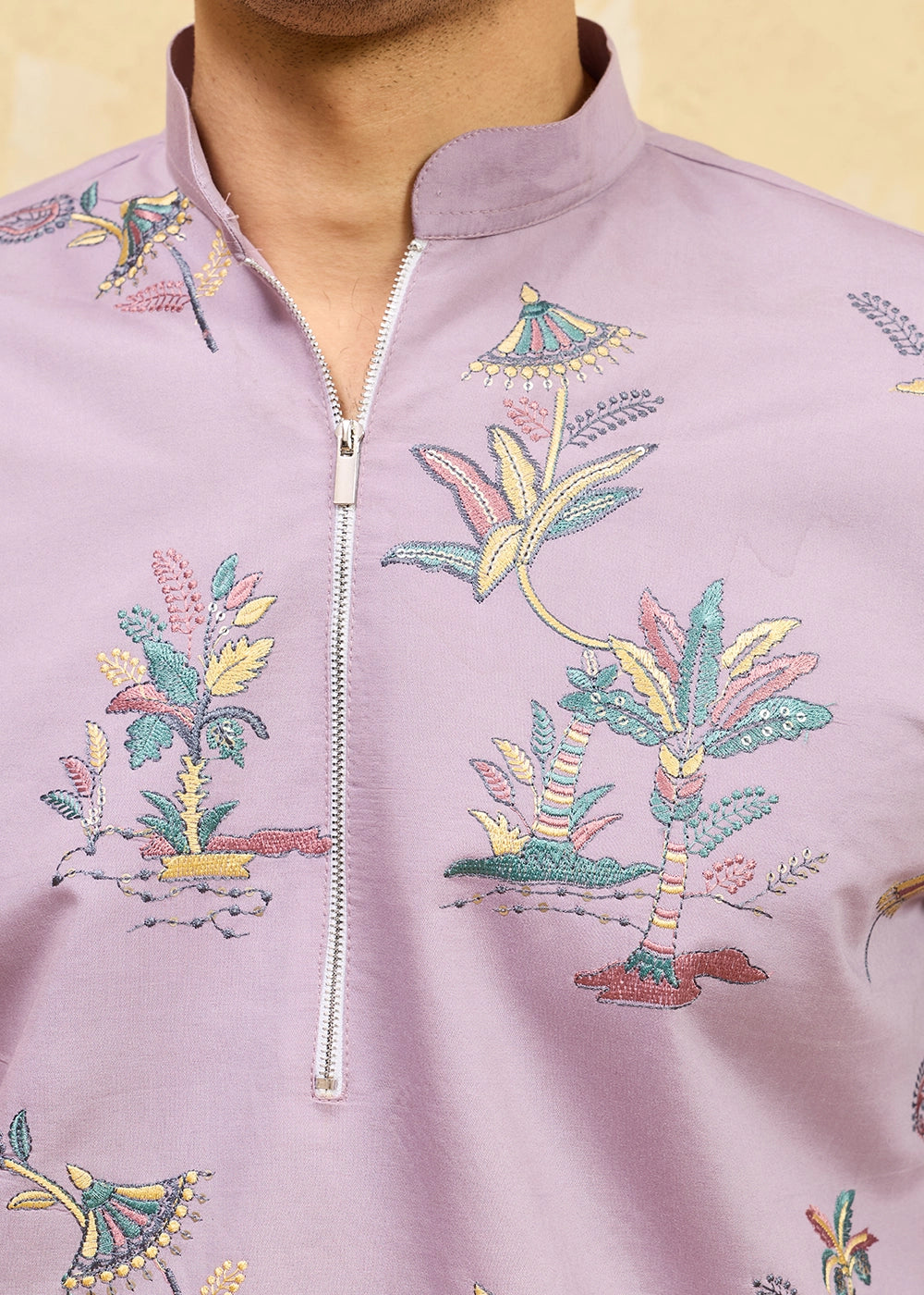 Soft Purple Viscose Silk Kurta with Multi-Thread Embroidery