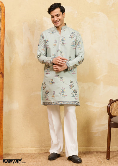 Light Grey Viscose Silk Kurta with Multi-Thread Embroidery
