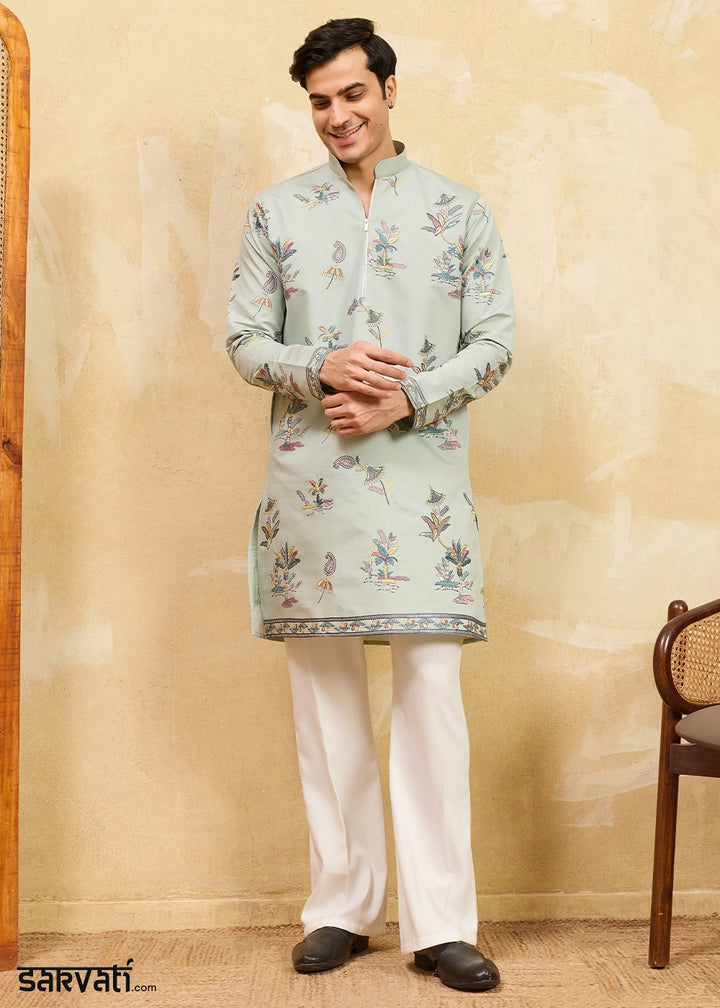 Light Grey Viscose Silk Kurta with Multi-Thread Embroidery