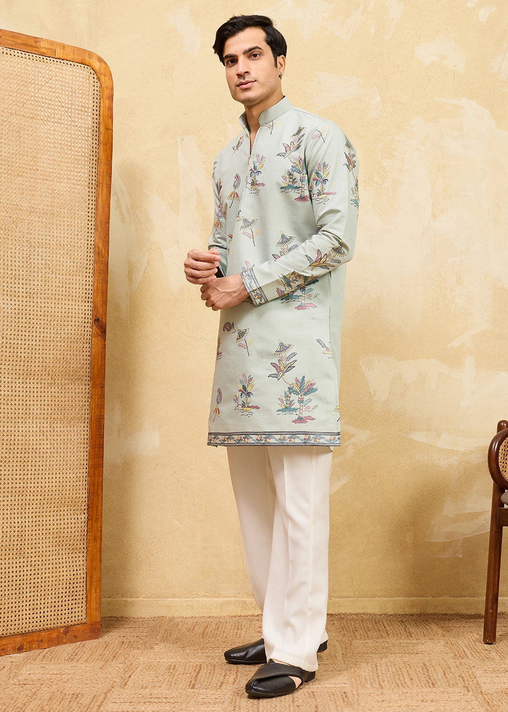 Light Grey Viscose Silk Kurta with Multi-Thread Embroidery