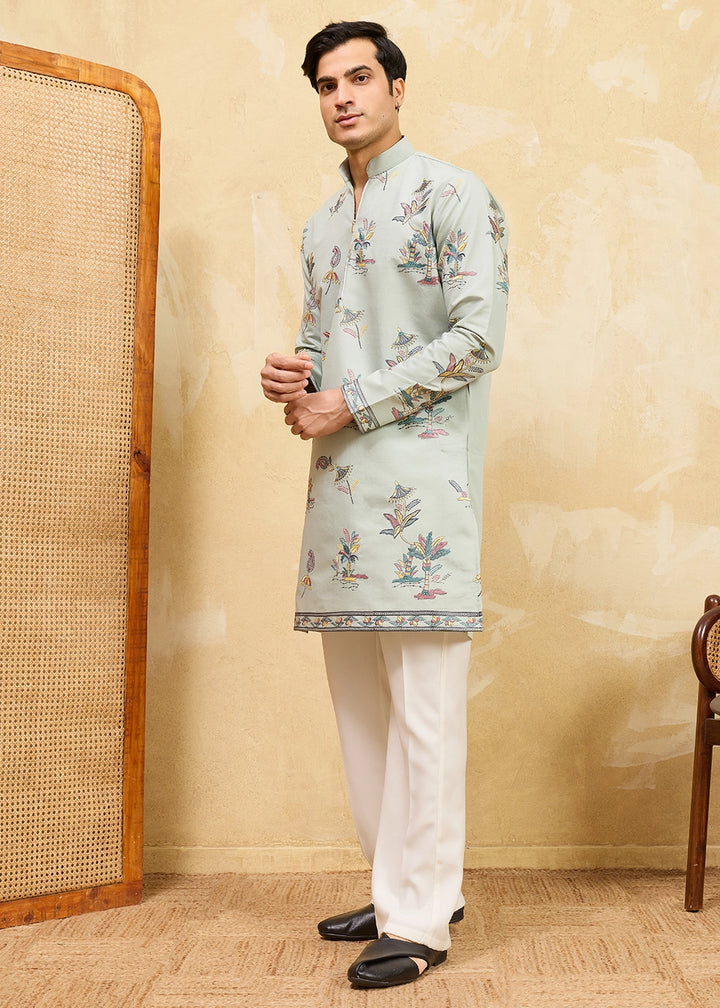 Light Grey Viscose Silk Kurta with Multi-Thread Embroidery