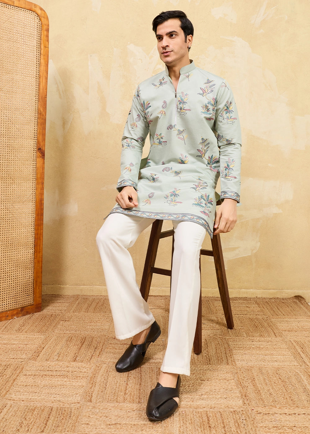 Light Grey Viscose Silk Kurta with Multi-Thread Embroidery
