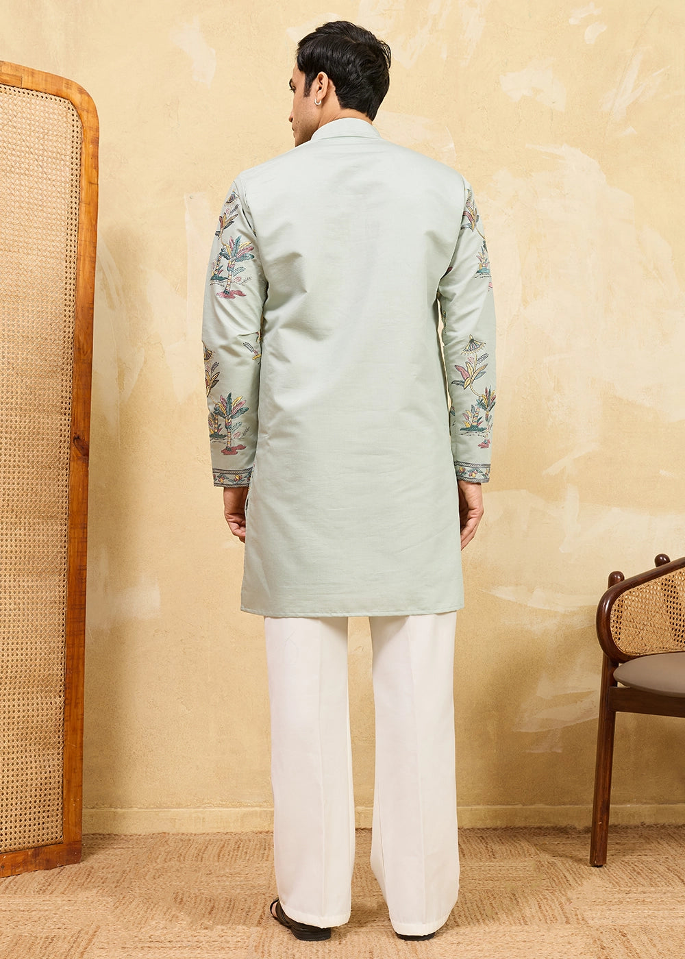 Light Grey Viscose Silk Kurta with Multi-Thread Embroidery