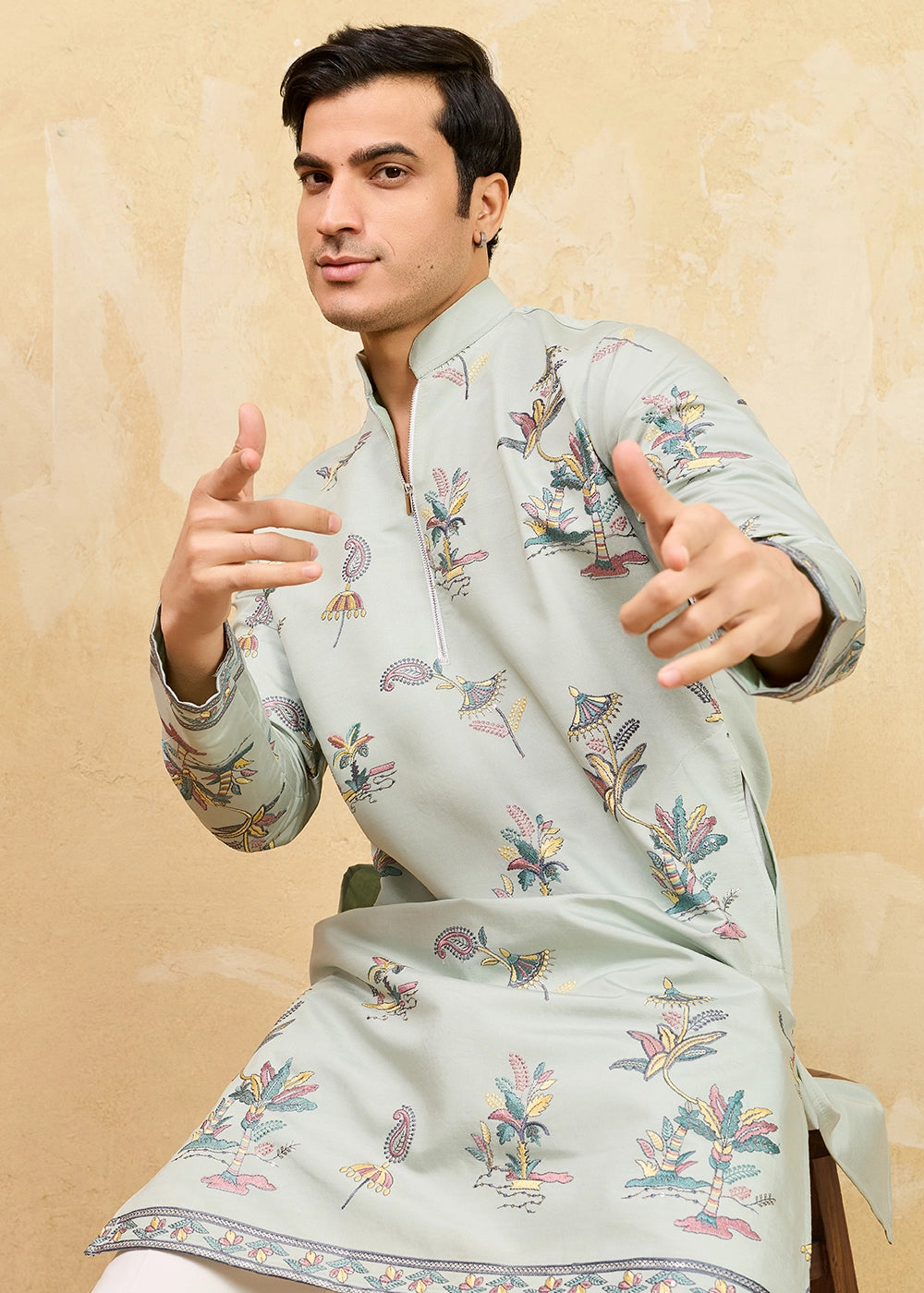 Light Grey Viscose Silk Kurta with Multi-Thread Embroidery