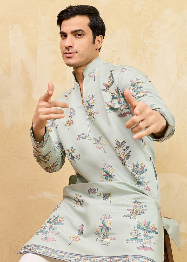 Light Grey Viscose Silk Kurta with Multi-Thread Embroidery