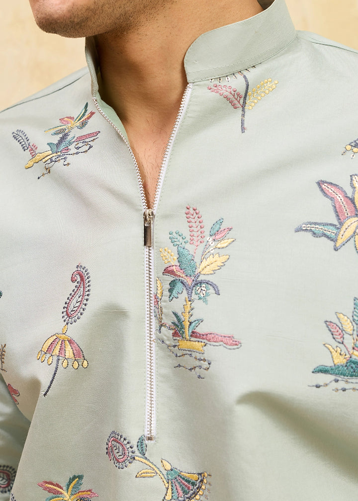 Light Grey Viscose Silk Kurta with Multi-Thread Embroidery