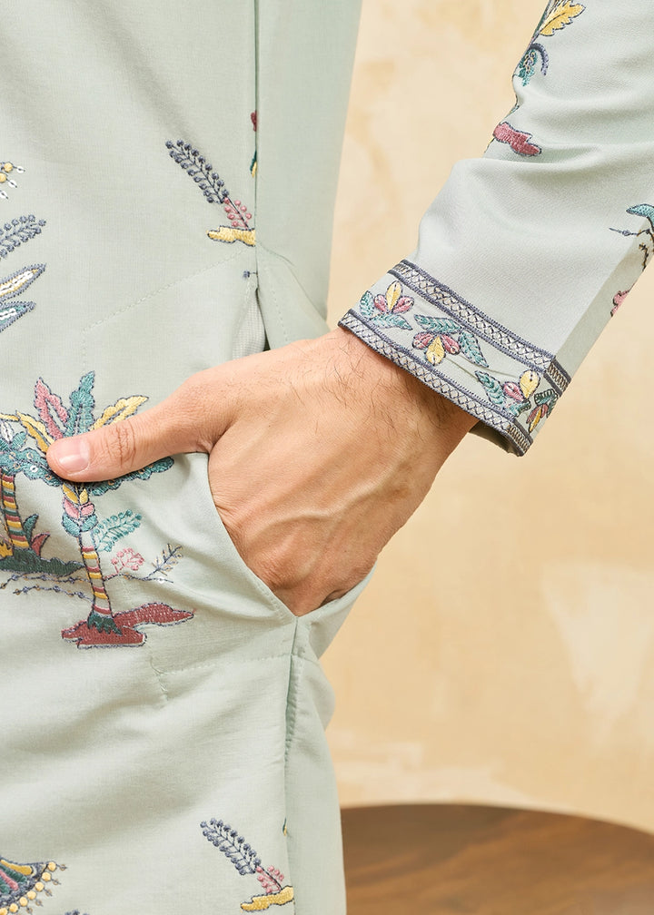 Light Grey Viscose Silk Kurta with Multi-Thread Embroidery