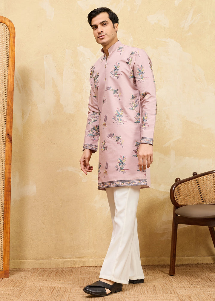 Pastel Pink Viscose Silk Kurta with Multi-Thread Embroidery