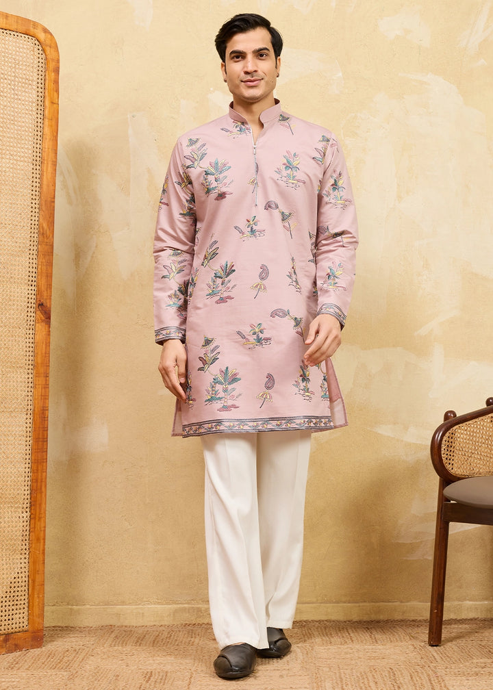 Pastel Pink Viscose Silk Kurta with Multi-Thread Embroidery