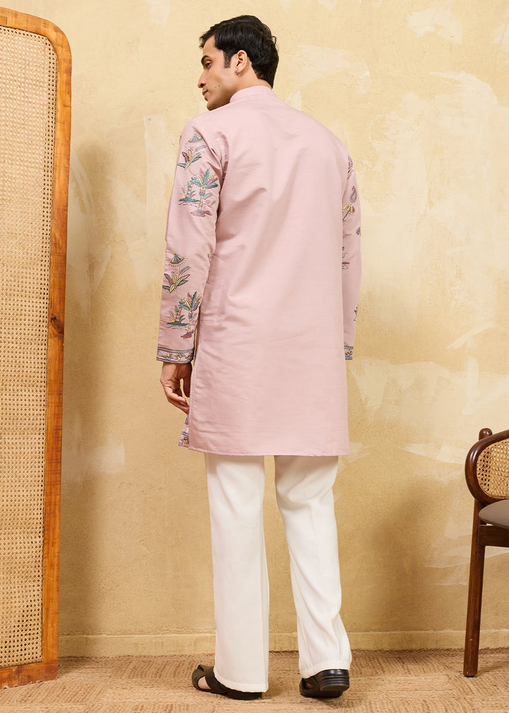 Pastel Pink Viscose Silk Kurta with Multi-Thread Embroidery