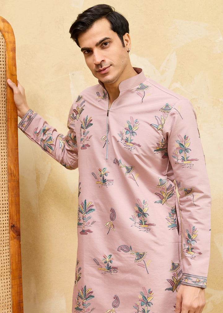 Pastel Pink Viscose Silk Kurta with Multi-Thread Embroidery