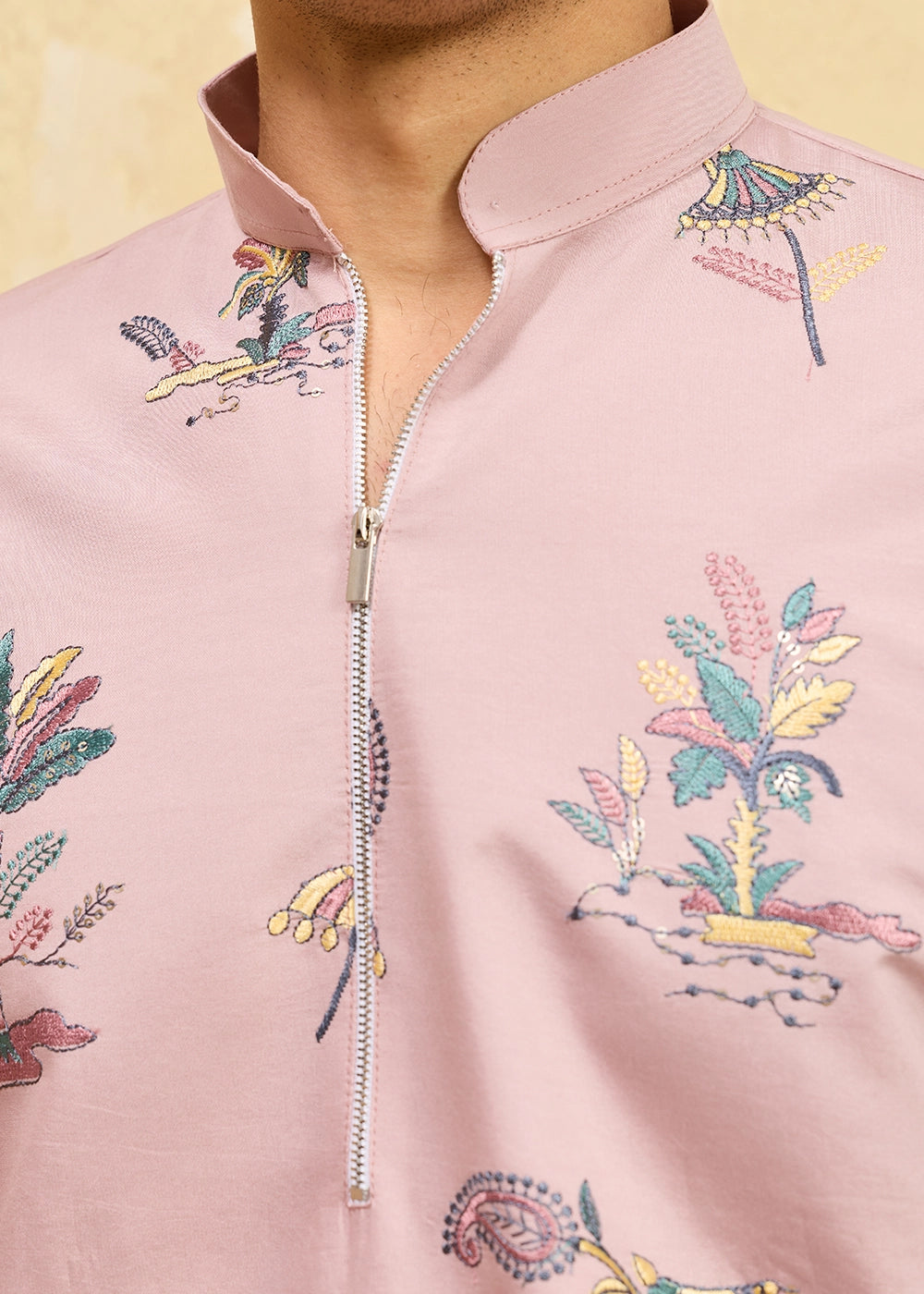 Pastel Pink Viscose Silk Kurta with Multi-Thread Embroidery