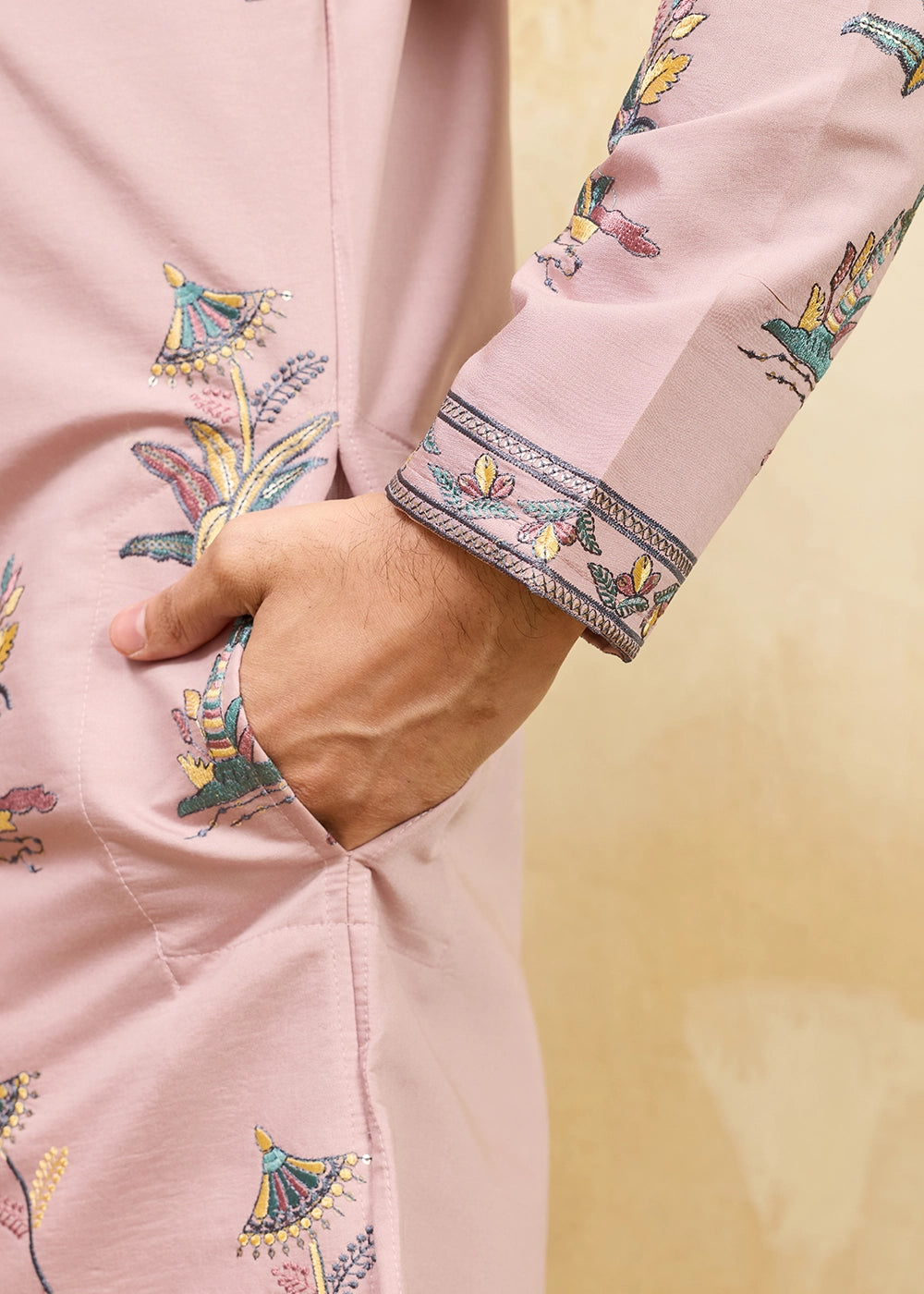 Pastel Pink Viscose Silk Kurta with Multi-Thread Embroidery