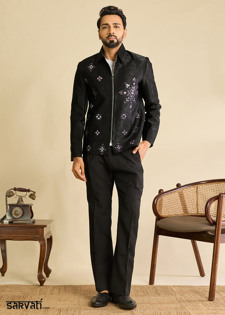 Onyx Black Velvet Jacket Pant Set with Mirror Detailing