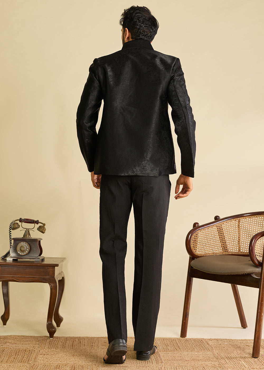 Onyx Black Velvet Jacket Pant Set with Mirror Detailing