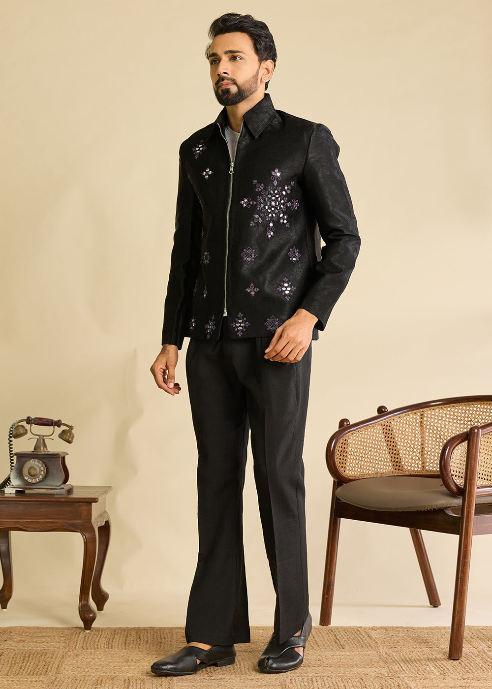 Onyx Black Velvet Jacket Pant Set with Mirror Detailing