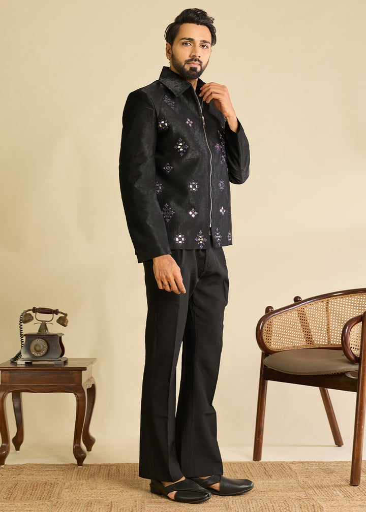 Onyx Black Velvet Jacket Pant Set with Mirror Detailing