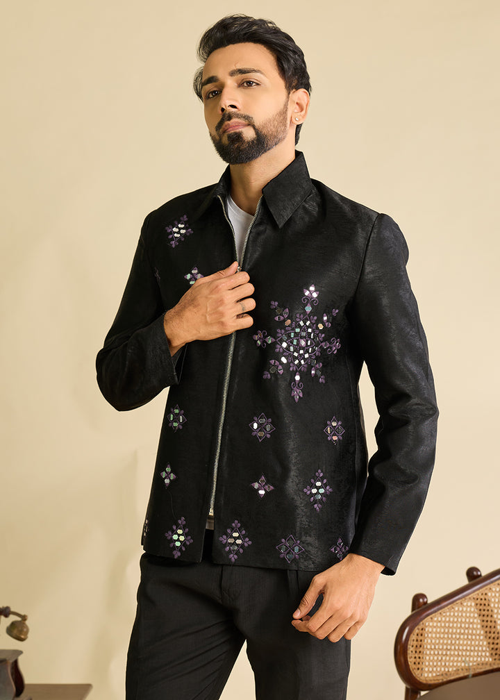 Onyx Black Velvet Jacket Pant Set with Mirror Detailing