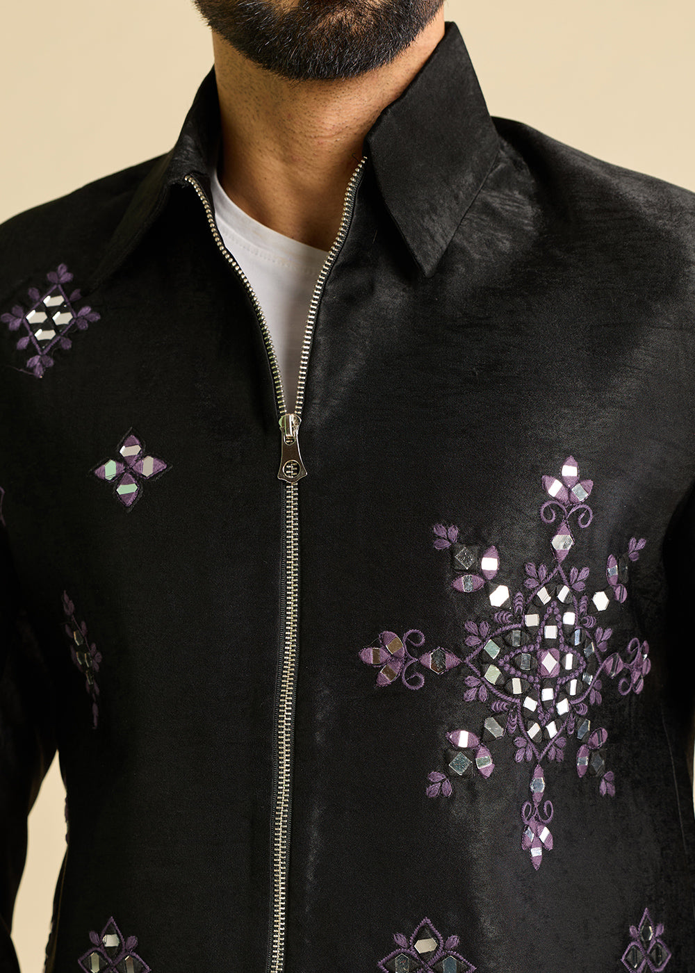 Onyx Black Velvet Jacket Pant Set with Mirror Detailing